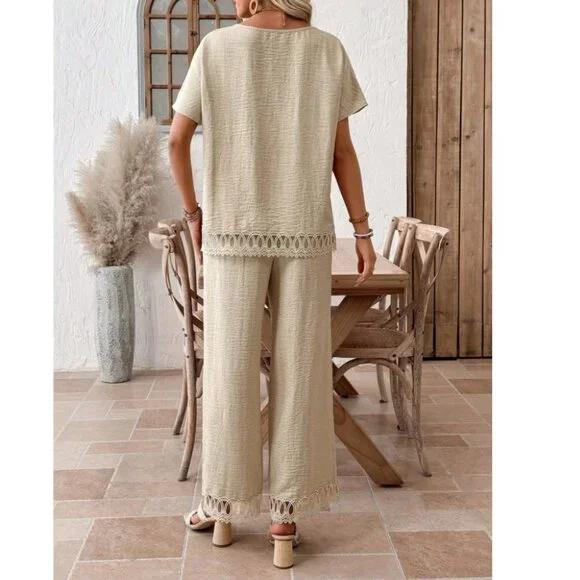 Lace Trim Round Neck Short Sleeve Shirt & Wide Leg Pants Set - Picture 3 of 4